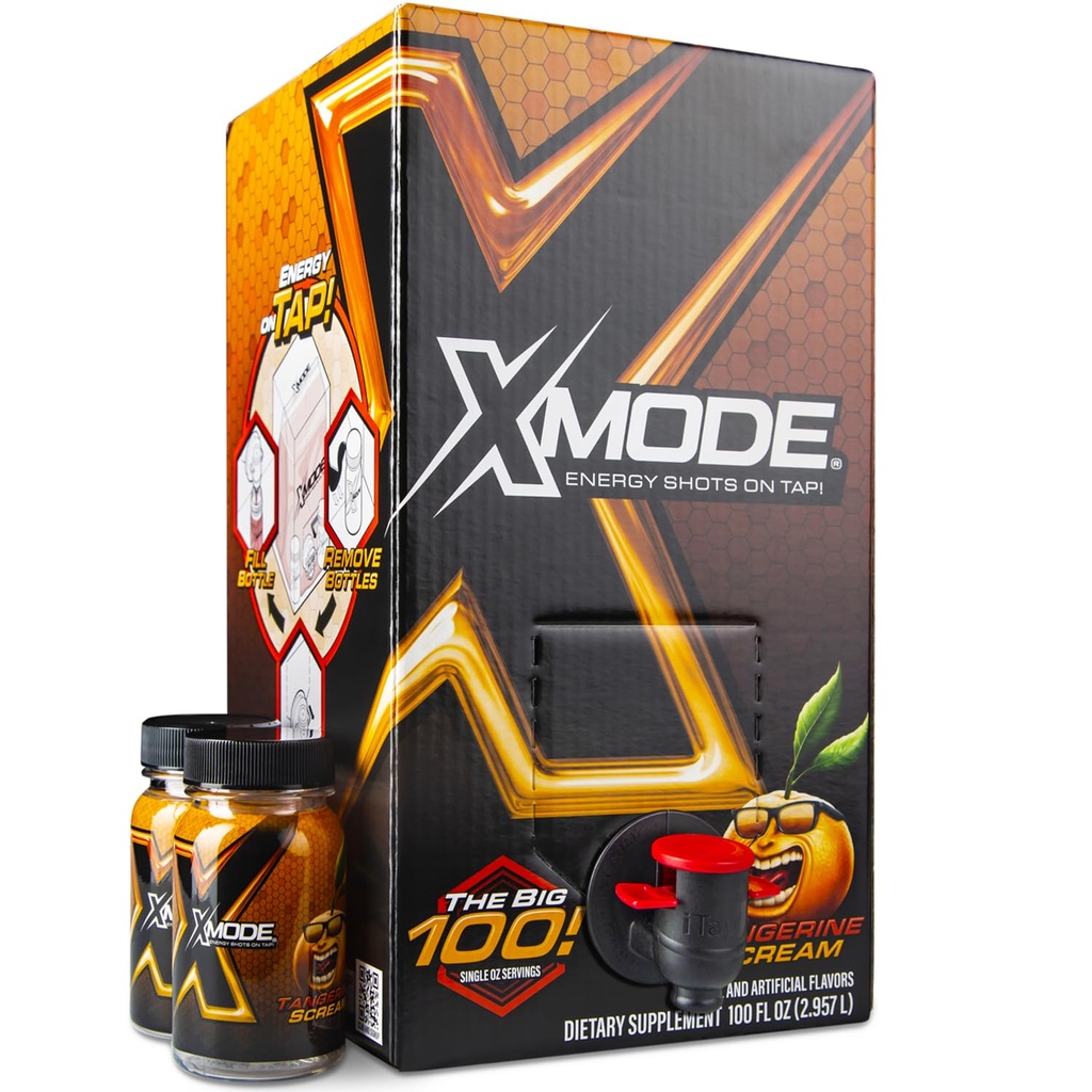 XMODE Extra Putere Shoturi de energie pe robinet - Tangerine Aroma, Zahăr gratuit, 150mg Cafeina pe oz, B12, 100 (1oz) Serviri, Dispenser cu 2 sticle reîncărcabile