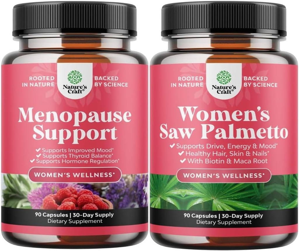 Bundle de Menopause Supliment pentru Flash-uri fierbinți cu Dong Quai Vitex Chaste Berry & Black Cohosh & Extra Putere Saw Palmetto pentru femei 500mg - DHT Blocker Pierderea parului Supliment cu Maca Root & Biotin