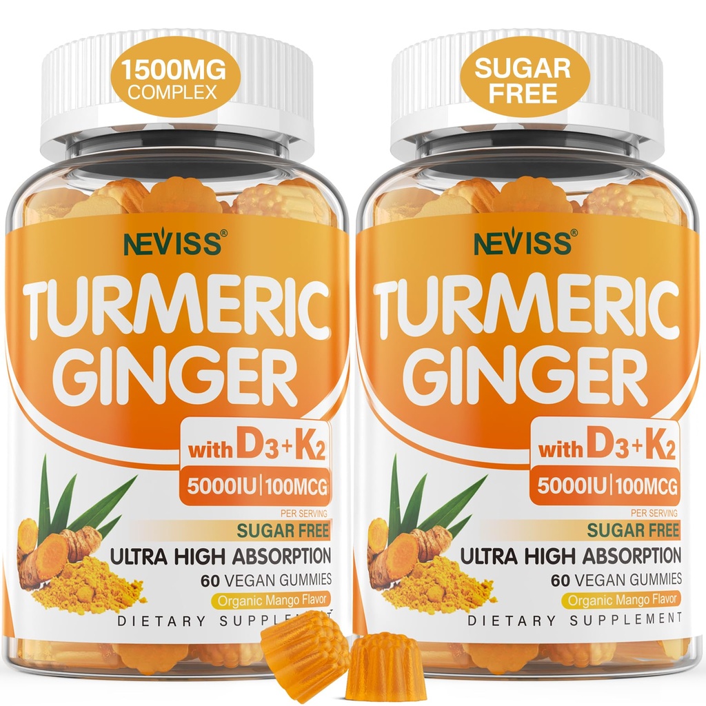 Gume de ghimbir cu zahăr, cu 5000 UI vitamina D3 & K2 (MK7), C - gume de legume supliment Turmeric pentru adulți 1500 mg cu Pepper negru, susține Bone, Imun și Digestive Health - 120 Cts