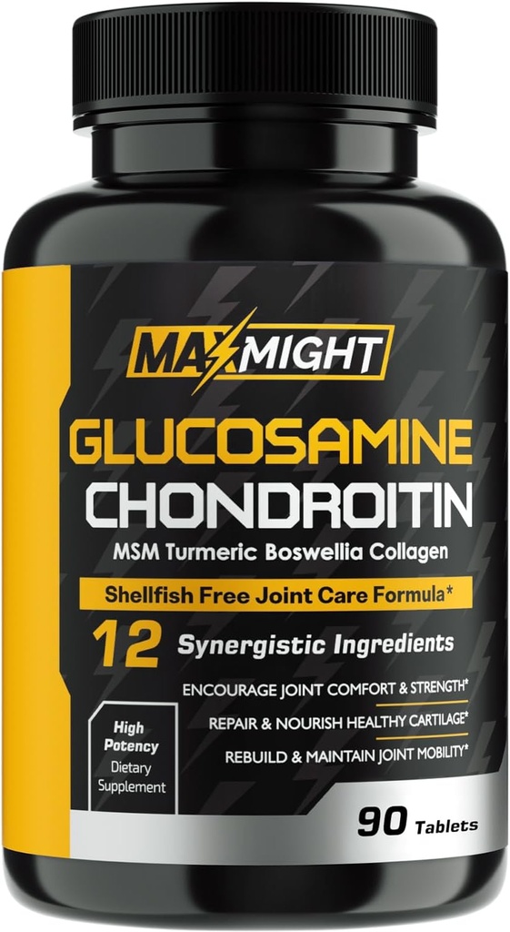 Glucosamină Chondroitin MSM Turmeric, Boswellia, 12-in-1, Confort comun, Mobilitate, Lubrifiere & Putere pentru bărbaţi Femei & Senior, 90 Tab, No Shellfish