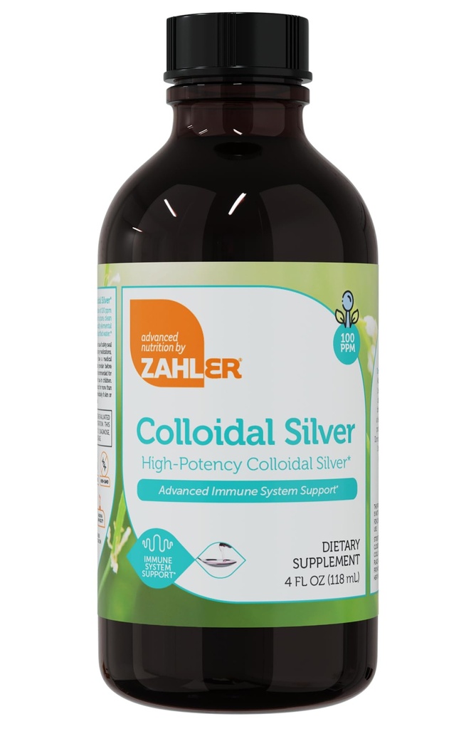 Zahler lichid de argint coloidal - suport imunitar avansat și sănătate generală - 100 PPM Bio-lichid lichid lichid coloidal lichid - Kosher Vegetarian Non-GMO Structurat Apă de argint coloidal (4 fl oz)