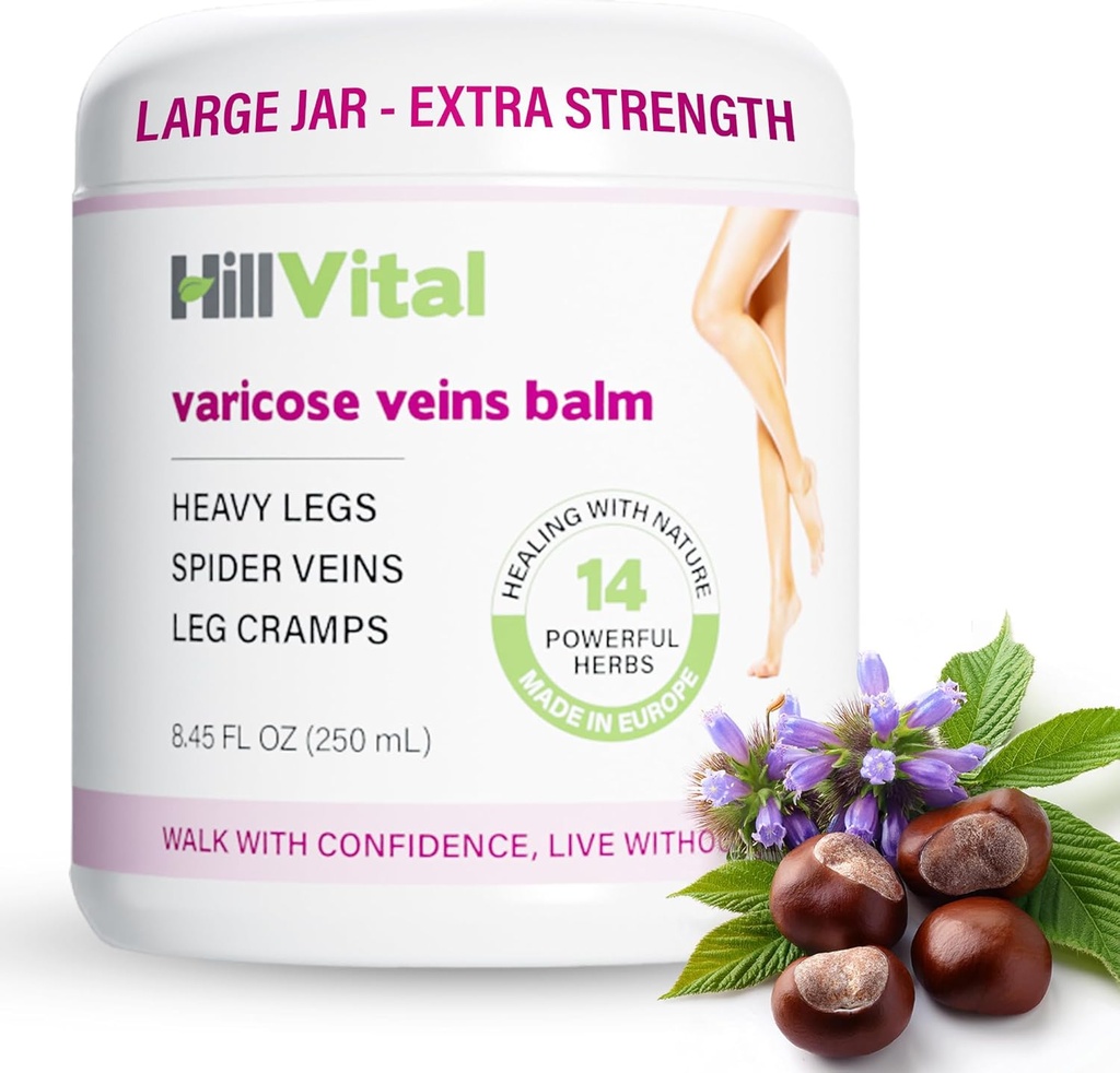 HillVital Varicose Veins Tratamentul pentru picioare, Natural Varicose Vein Cream & Spider Vein Tratamentul pentru picioare și alte părți ale corpului, Premium Cal Chestnut Cream pentru Veins Puffed, Infuzat cu 14 Herbs