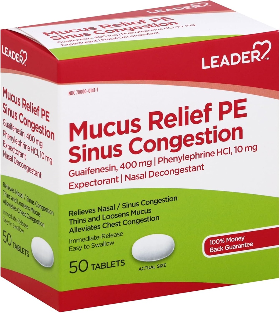Leader Mucus Relief PE Congestie sinusală, expectorant; Nasal Decongestant, Thins și Loosens Mucus, imediat-Release, Alleviates Congestie toracică, 50 comprimate