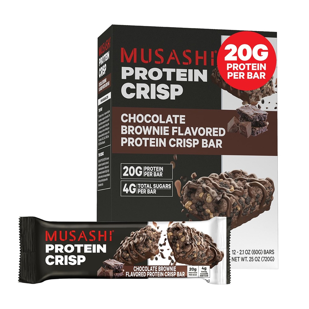 MUSASHSHI Proteine Crisp Bar, 20g Proteine, 4g Total Sugars, Brownie ciocolată, Post Antrenament și Snack On The Go, 12 Pachet de 2.1oz (60g) Baruri