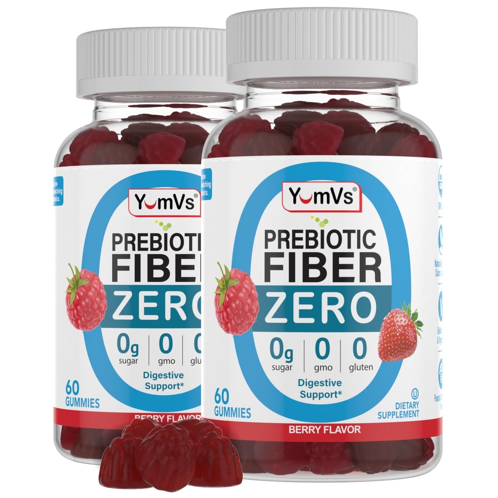 YumVs Sugar Free Prebiotic Fiber Gummies pentru adulți și copii - Berry Flavor - Kosher Halal 4g High Fiber Supliment pentru femei și bărbați - Daily Fiber pentru Digestive Health (60 Conte, 2PK)