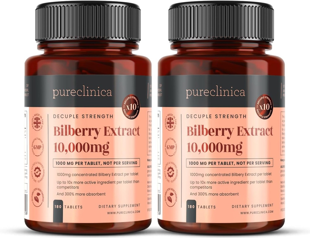 pureclinica Bilberry Extract 10,000mg x 360 Tablets (2 Bottles) - 10 X More Anthocyanidins per Tablet Than Most Others - and 5mg Black Pepper Extract for 300% Increased Absorption