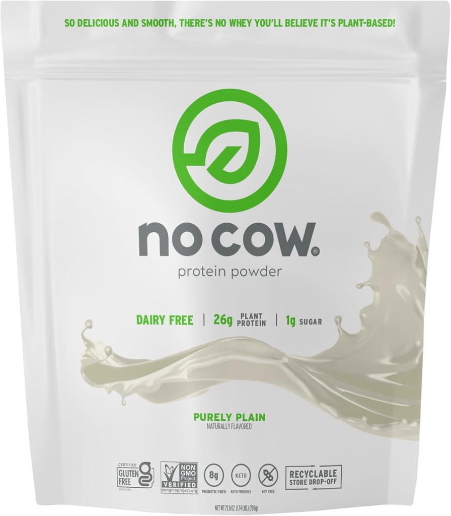 Nici o Vaca Vegan praf de proteine, Pur Plain, 26g de proteine pe bază de plante, sac reciclabil, lactate gratuit, Soy gratuit, fără zahăr adăugat, Keto prietenos, Gluten gratuit, îndulcit natural, non OMG, Kosher, 1.74 Pound