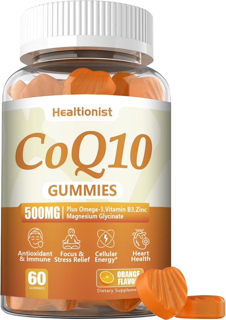 1 Pachet 500MG Coq10 Gume - 3X Absorbtie mai buna, Plus Omega-3, Magneziu, Vitamina B3 & Zinc - Coenzime Q10 Suplimente pentru sanatatea inimii, Energie Cellulara & Antioxidant, Vegan, 60 Conte