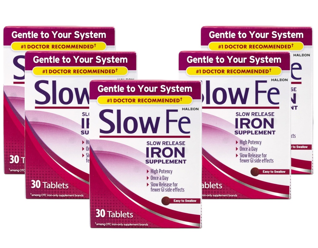 Slow Fe Slow Release Supliment de fier, potenta mare, o dată pe zi, blând pe sistem, 30 comprimate (Pachet de 5)