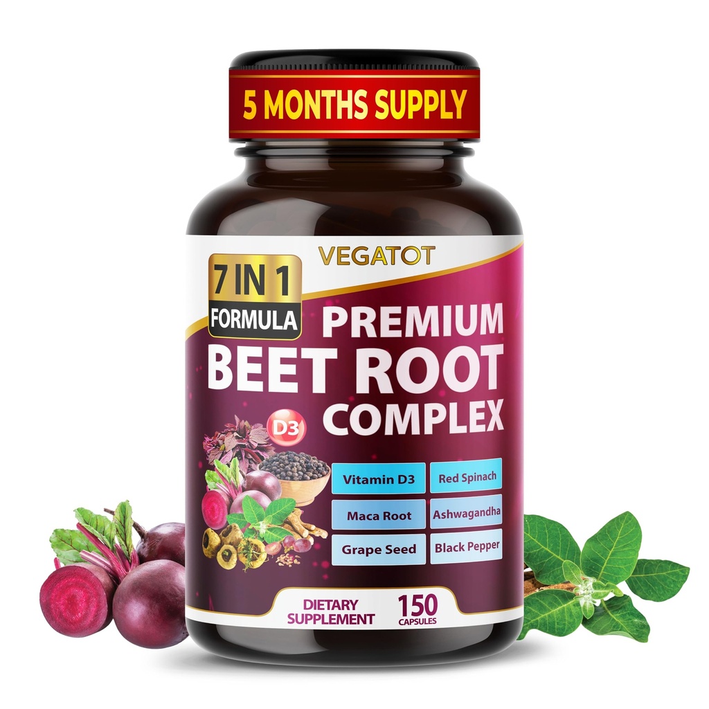 VEGATOT Beet Root *USA Made and Tested* Concentrat cu Ginseng Maca Root Ashwagandha - Energy Stamina Immune Support (150 Count (Pachet de 1)