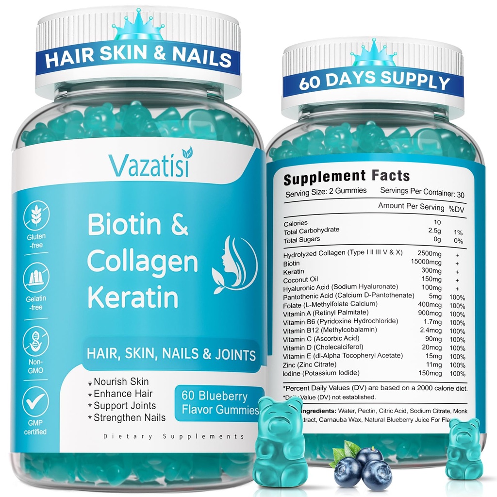 2 Pack Gume Biotin cu colagen & Keratina pentru unghii de păr - Femei bărbaţi, copii - 120 gume aromate cu afine