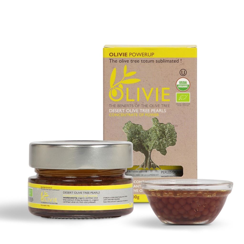 Capsule de extract de frunze de măsline organice, PowerUp Pearls by OLIVIE, supliment de hidroxitirozol, polifenoli antioxidanți, suport imun și cerebral, 100g