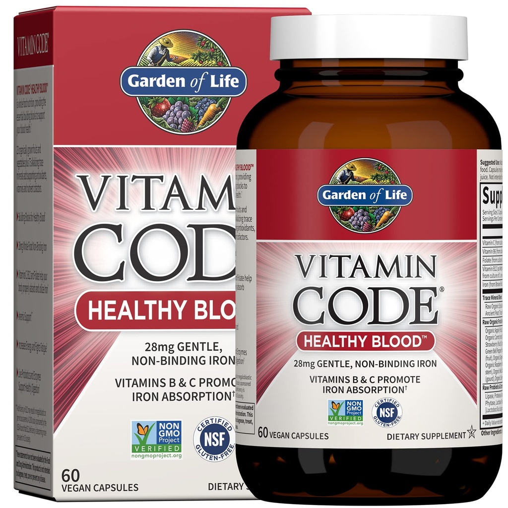 Gradina de viata Cod Vitamina Sanatos - Supliment de fier pentru femei, 60 capsule Vegane, cu vitamine B, C, Trace Minerale, legume fructoase, Probiotice - pentru energie si anemie suport