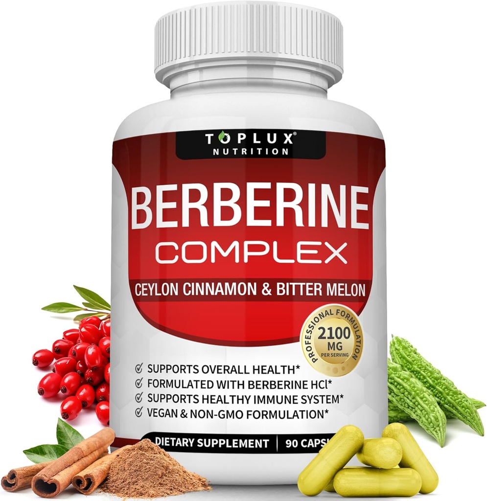 Toplux Berberine cu Ceylon Scorțișoară și Bitter Melon 2100mg - mare puritate 97% HCL Berberine Supliment, Sprijină Sănătate generală și sistemul imunitar, Non-GMO Vegan 90 capsule