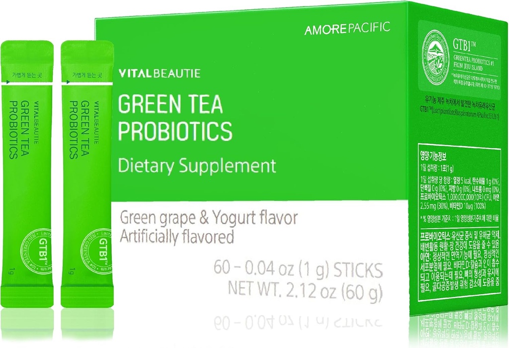 VITALBEAUTIE Green Tea Probiotics (Plant-Sourced Probiotics) Containing Vitamin D and zinc for Gut Health by AMOREPACIFIC Korean Acidophilus Probiotic - 60 Sticks