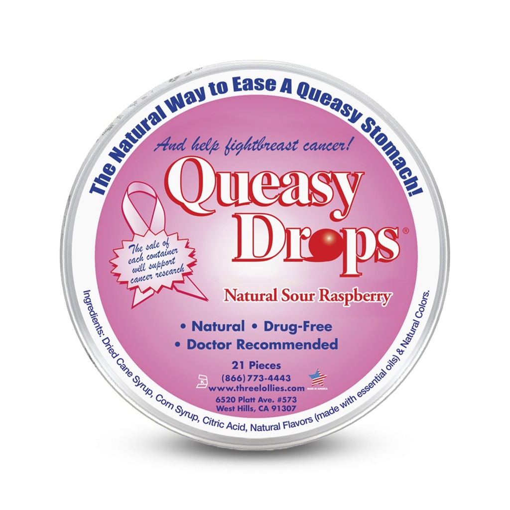 3 Lollies Drops Queasy - Aroma de zmeură acru - Boala de călătorie şi greaţă Relief, Soothes Stomac & gură uscată, Ingrediente naturale - 21 t