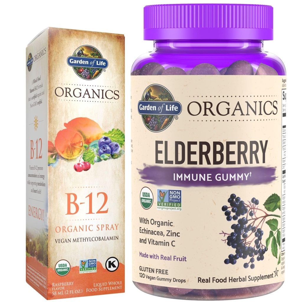 Gradina de viata Organice Elderberry Immune Gummies, 120 Conte & B12 Vitamina Raspberry Spray, 500mcg, 2oz