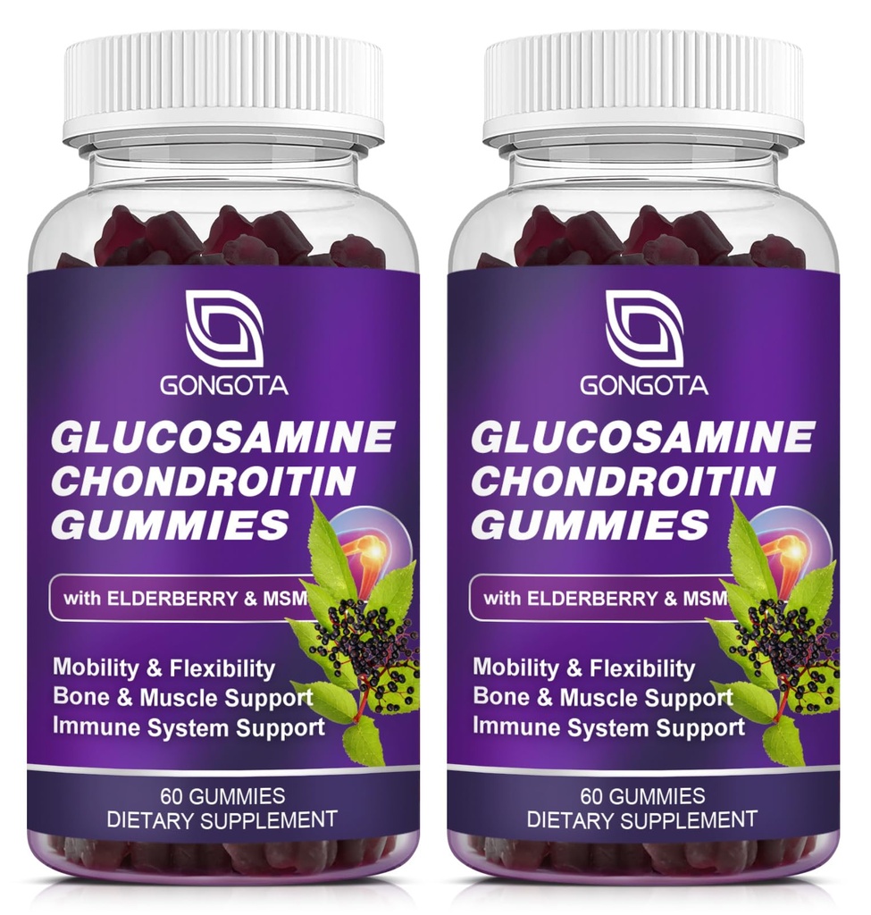 Glucosamină Chondroitin Gummies - 2- Pack, Extra Putere 1500mg Glucosamină cu MSM & Elderberry, Flexibilitate Suport, Cel mai bun Cartilage & Suport Imun pentru bărbaţi şi femei - 120 conta