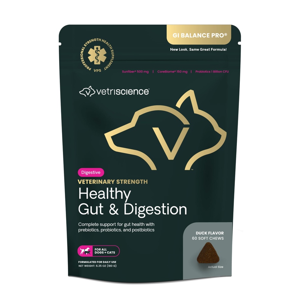 Putere veterinara VetriScience Sanatos Gut & Digestion - Pet Digestive Health Supplement pentru pisici si caini - Curaj Sanatate & Immune - Caracteristici Probiotice, Prebiotice si Postbiotice - 60 Conte