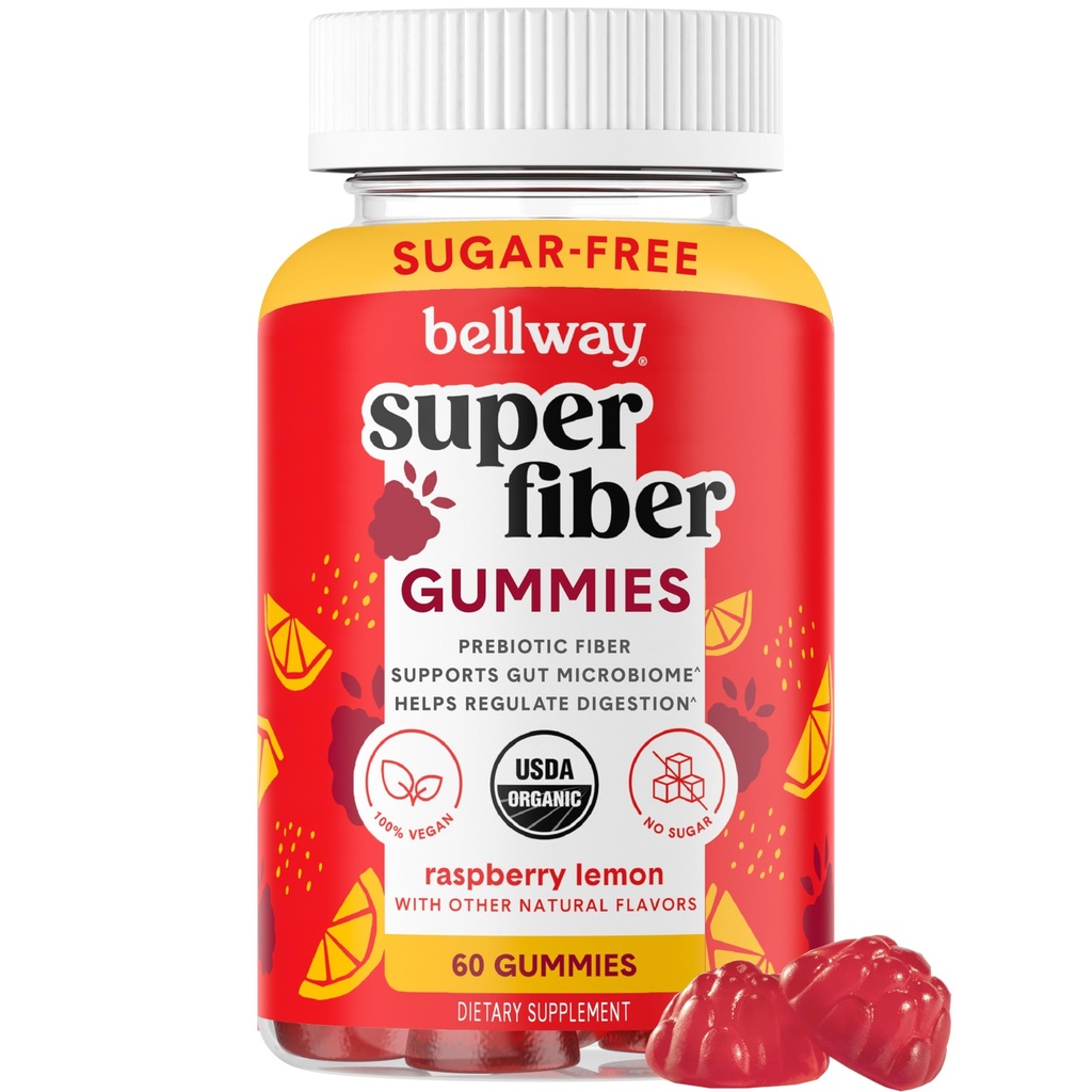 Bellway Super Fiber Gummies pentru adulți - Sugar Free Organic Fiber Supplement Gummies cu 4g de fibre per Serving - Prebiotic Kliceroot Root Fiber for Digestive Gut Health, Raspberry Lemon, 60 Count
