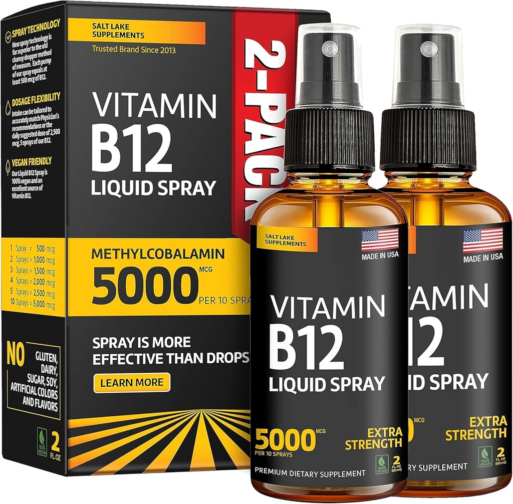 2 ambalaj) - Lichid B12 Spray 5000 mcg - Vitamina B12 Sublingual - Vegan B12 Vitamina Spray - metilcobalamină Vitamina B12 Lichid Boosts Energy & Mood - Gluten-Free & Non-GMO