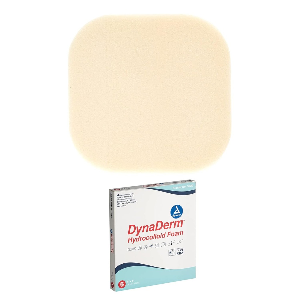 Dinarex DynaDerm Dressings hidrocoloid, Bandaje moiste sterile folosite pentru toate tipurile de răni, 4" x 4", Spumă & Latex-Free, Peel-Down Patches - 1 Cutie de 5 Dressings