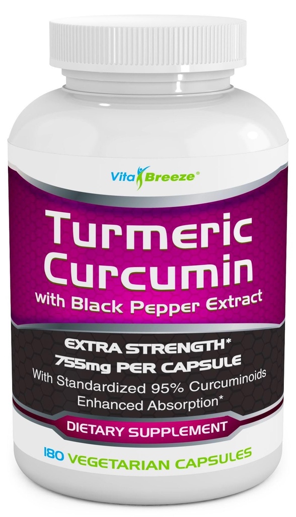 Complex cu curcumina turmerica cu extract de piper negru - 755 mg per capsulă, 180 Veg. Caps - Contine Piperina (pentru absorbtie superioara si bio-Availabilitate tumerica) si 95% Curcuminoide standardizate