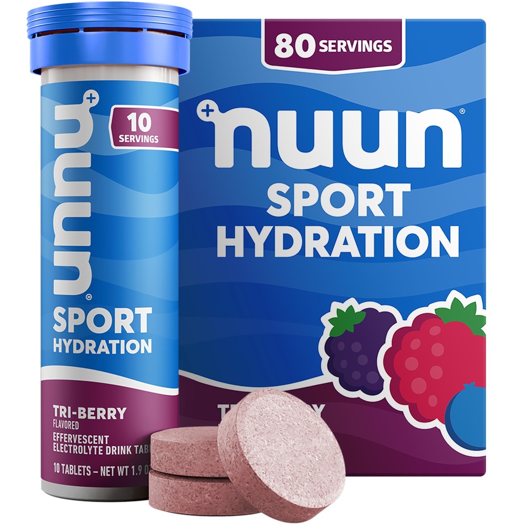 Nuun Sport Electrolit Tablete cu magneziu, calciu, potasiu, clorura & sodiu, gluten Free & Vegan, Tri-Berry, 8 Pack (80 Servings Total)