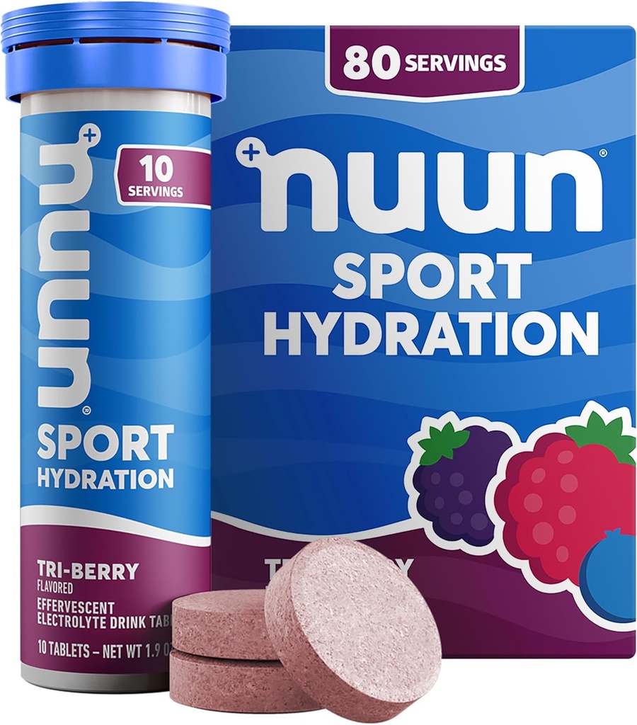 Nuun Sport Electrolit Tablete cu magneziu, calciu, potasiu, clorura & sodiu, gluten Free & Vegan, Tri-Berry, 8 Pack (80 Servings Total)