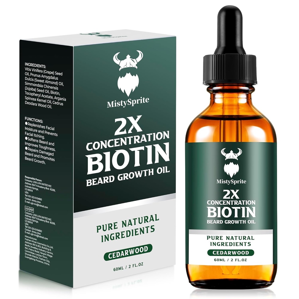 Ulei de creștere bărbos - 2X Concentration Biotin Barbă ulei pentru bărbați (2 oz) - Natural Mens Barbă ulei cu ulei de argan, ulei Jojoba și vitamina, Softener de creștere barbă, Moisturizer (Cedarwood)