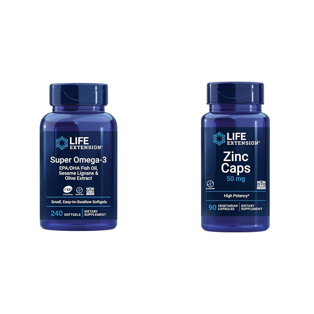 Life Extensie Super Omega-3 Ulei de pește EPA/DHA, Sesame Lignans & Extract de măsline - Omega 3 Supliment & Caps de zinc, zinc 50 mg, zinc Citrate, Suport de apărare imune organismului
