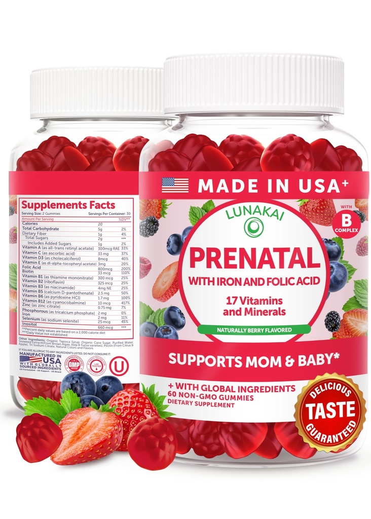 Lunakai Statele Unite ale Americii a făcut vitamine prenatale cu fier și acid folic - delicioasa sarcină Gume multivitamine pentru femei, 60 Conte