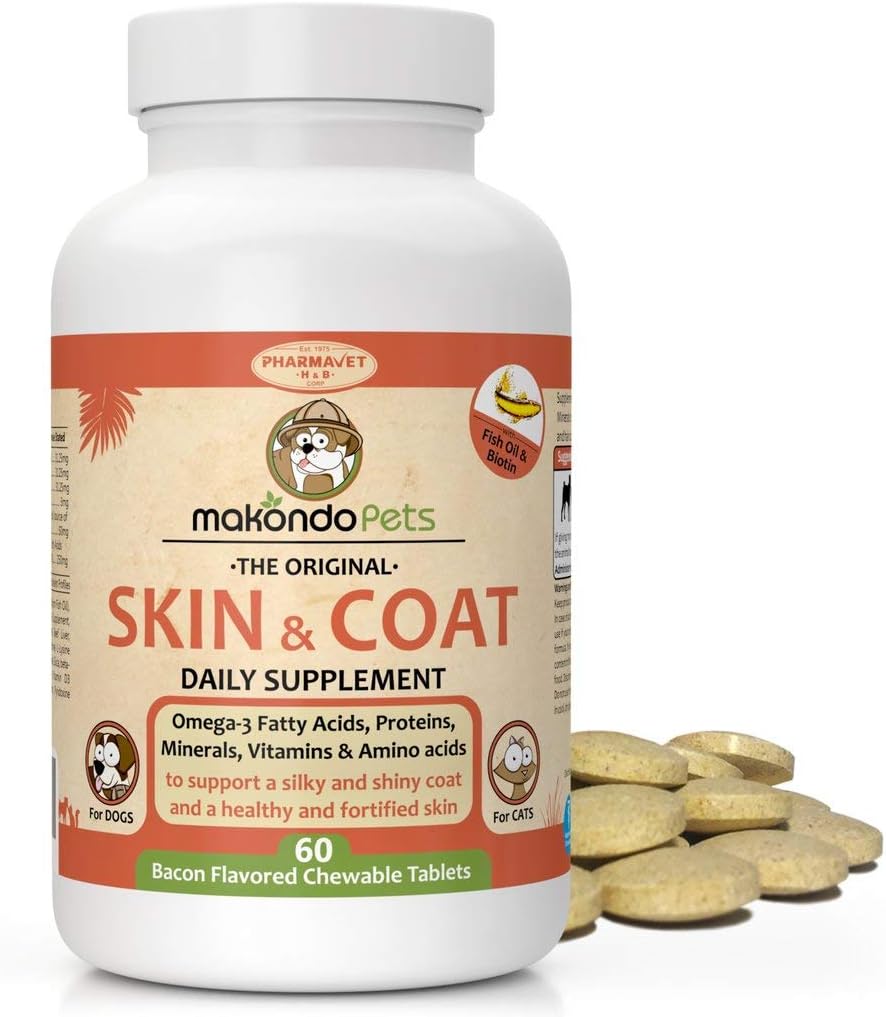 Piele și haina Supliment cu ulei de pește și Omega 3 pentru câini și pisici - Dog Itch Relief Suplimentul pentru animale de companie de vărsare, piele uscată mâncărime și alergii - caine Alergie Tratament vitamine (60 Tabs)