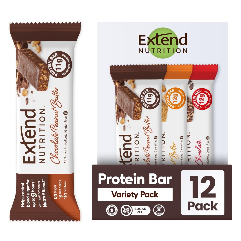 Extindeți barele de proteine fără zahăr, Snacks-uri diabetice perfecte, proteine mari și fibre, Controlul foamei și energie constantă, Carb scăzut, Keto prietenos (12 Conte, Variety Pack)