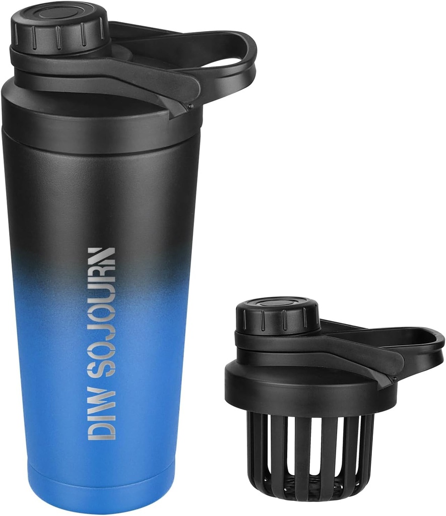 DIW 24 oz Shaker Sticla, Sticla din otel inoxidabil Mix cu design gratuit de zgomot,Cupa metalica izolata Shaker pentru amestecuri de proteine si pre antrenament,Gym Cup Shaker (Black&Blue)