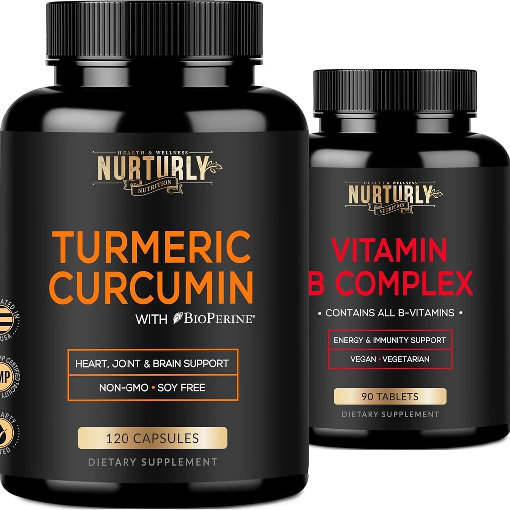 Complexul de vitamine B şi Curcumina Turmerică - Conţine toate vitaminele B esenţiale - B1, B2, B3, B5, B6, B7, B9, B12 şi Biotin - Suplimente Turmerice de înaltă absorbţie 1300mg pentru sănătatea articulară, Hearth