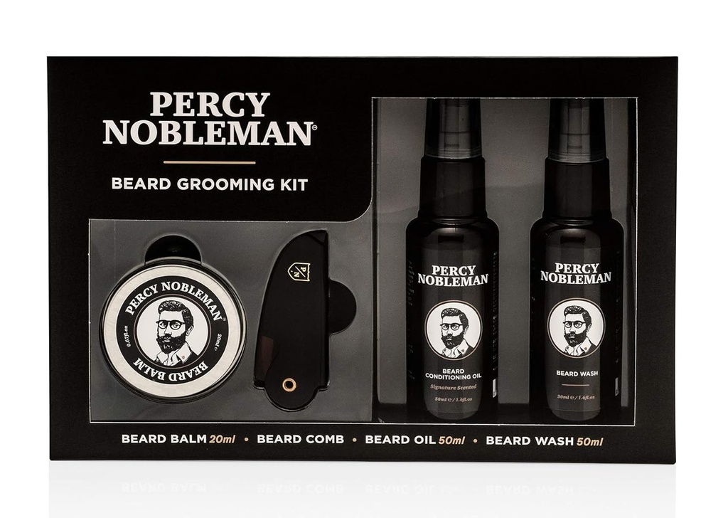 Percy Nobleman Beard Rooming Kit - Signature parfumat Barbă ulei 50ml, Spală 50ml, Balm 20ml & Comb