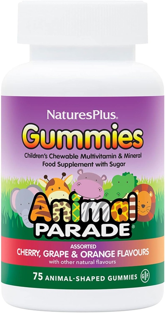 NaturasPlus Animal Parade Sursa de Gumiile de viata - Orange naturale, struguri si arome de cirese - 75 de animale forma de gume - Whole Food Kid's Multivitamine - Gluten-Free - 37 Serviri