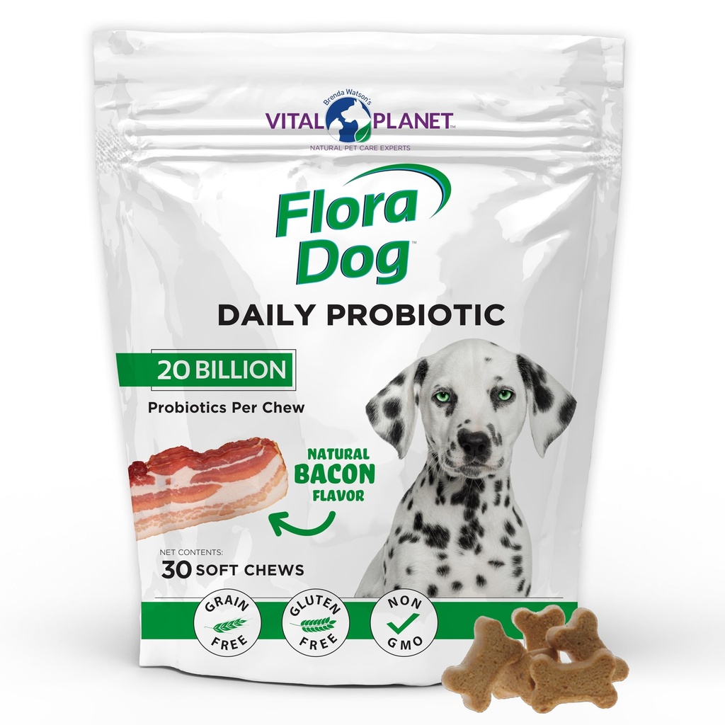 Planeta Vital - Probiotice de câine Flora, Chews câine Supliment cu 20 de miliarde de culturi și 11 tulpini, suport imun și digestiv Probiotice masticabile pentru câini, 30 Bacon naturale aroma Chews moale
