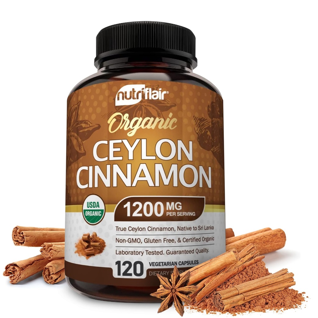 NutriFlair Organic Ceylon Cinnamon Supliment 1200mg, 120 capsule - USDA Certified - non-GMO, Gluten gratuit pulbere, antioxidante pastile