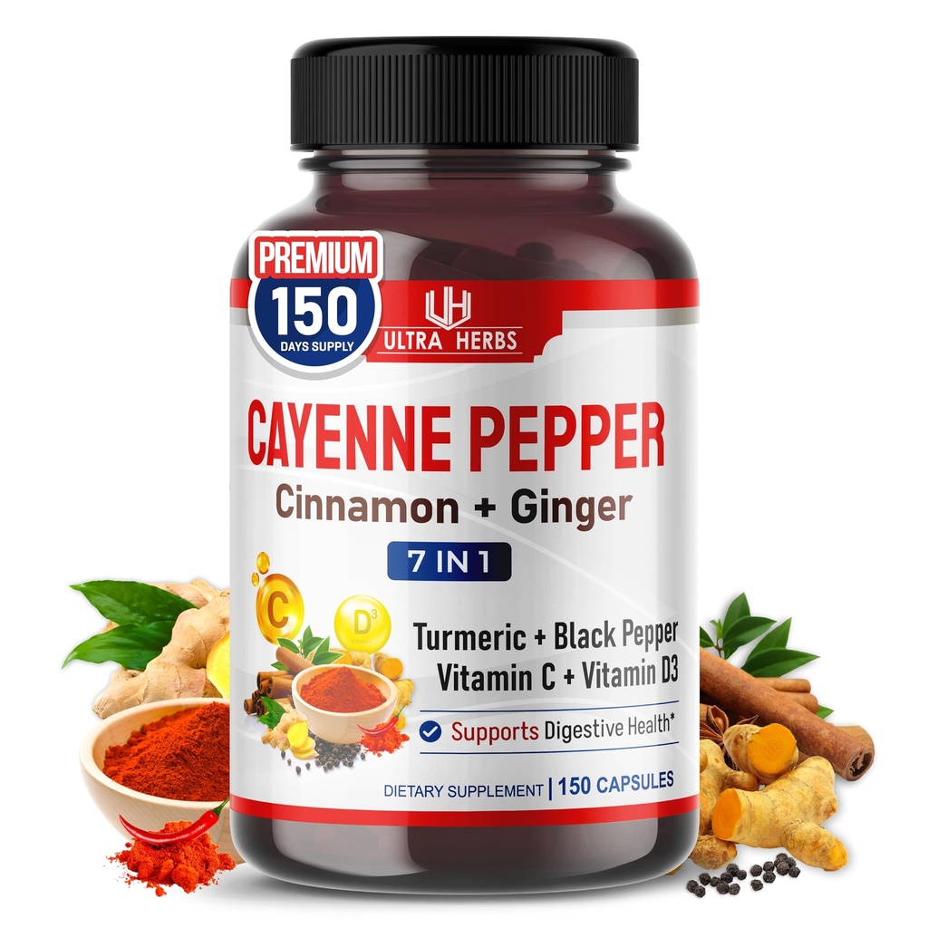 Cayenne Pepper 7 in 1 - - cu ghimbir, Turmeric, Scorțișoară, Pepper Negru - promovează funcția de sistem digestiv (150 de zile de aprovizionare (pachet de 1)