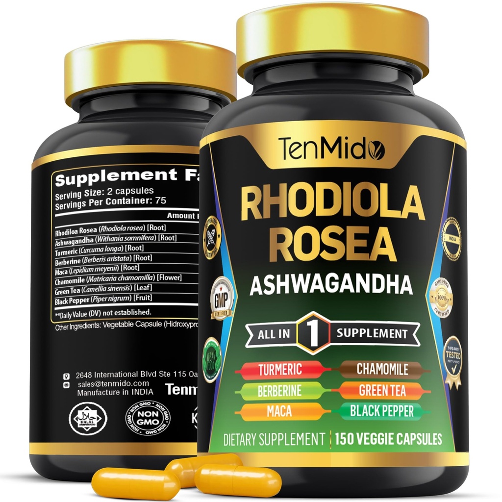 Rhodiola Rosea Supliment - 8in1 Formula - Combinați cu Ashwagandha, Turmeric, Berberine, Maca, Mușețel, Ceai Verde și Pepper Negru - Nutrient Rich - 150 capsule Vegane