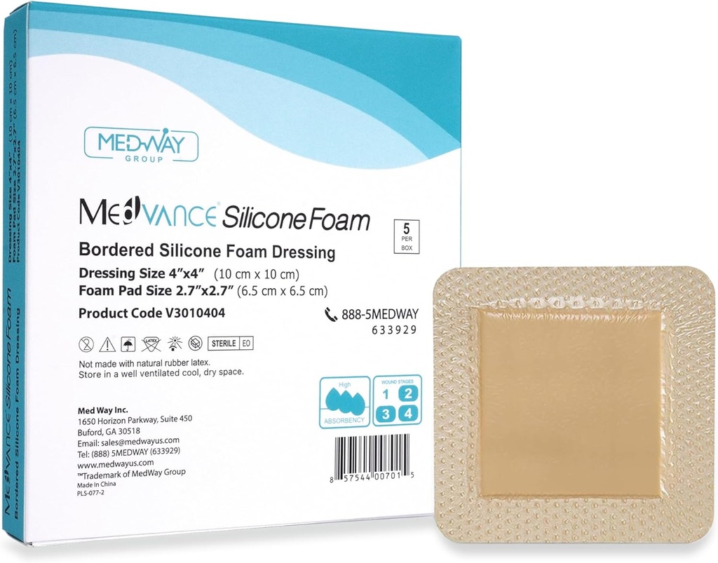 MedVance TM Silicon - Silicon bordurat cu spumă adezivă dimensiunea 4"x4" (2.7"x2.7" pad), Cutie cu 5 pansamenturi