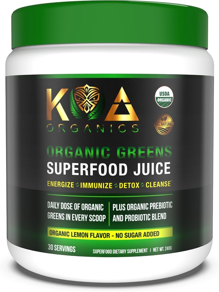 Greens Superfood Juice Powder - USDA Organic Super Greens Pulbere cu Spirulina, Chlorella, Matcha, Wheat Grass, Enzymes & Probiotice Digestive - Lemon Flavor -30 ServQ