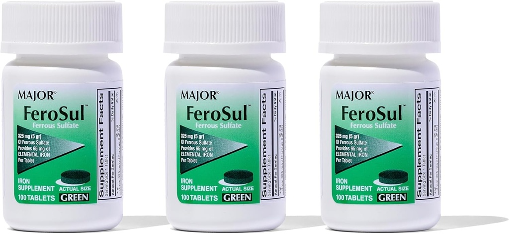 maior Ferosul - sulfate feros 325 mg comprimate cu 65mg de fier elementar - Supliment de fier pentru femei, Barbati - Verde - 100 comprimate (3 ambalaj)