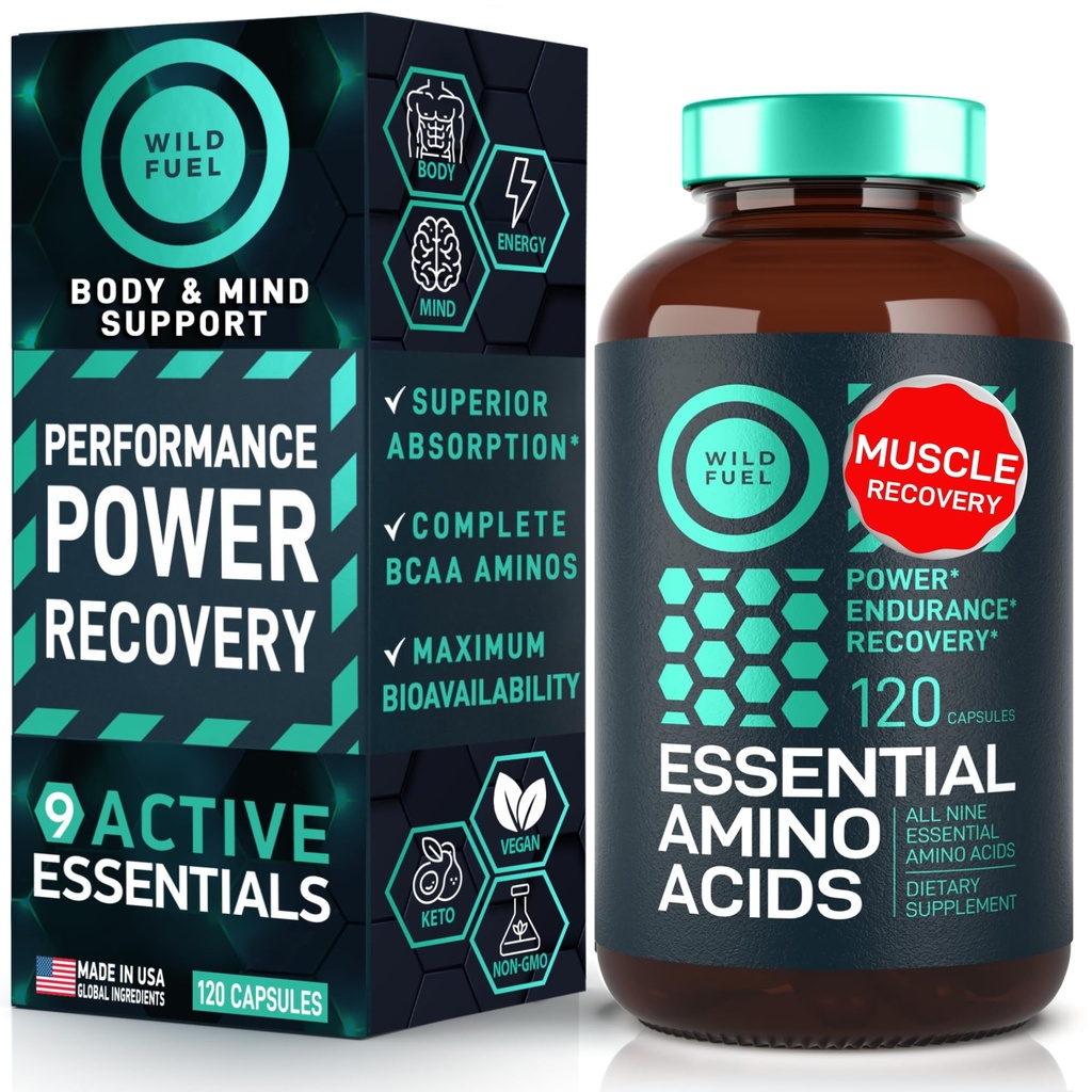 Suplimentul de aminoacizi esențiali - toate 9 EAA cu aminoacidi BCAAs (Leucină, Lysine, Valine, Treonină) - 3000 mg per servire - creștere musculară, putere, recuperare - 120 Vegan, capsule fără cofeină