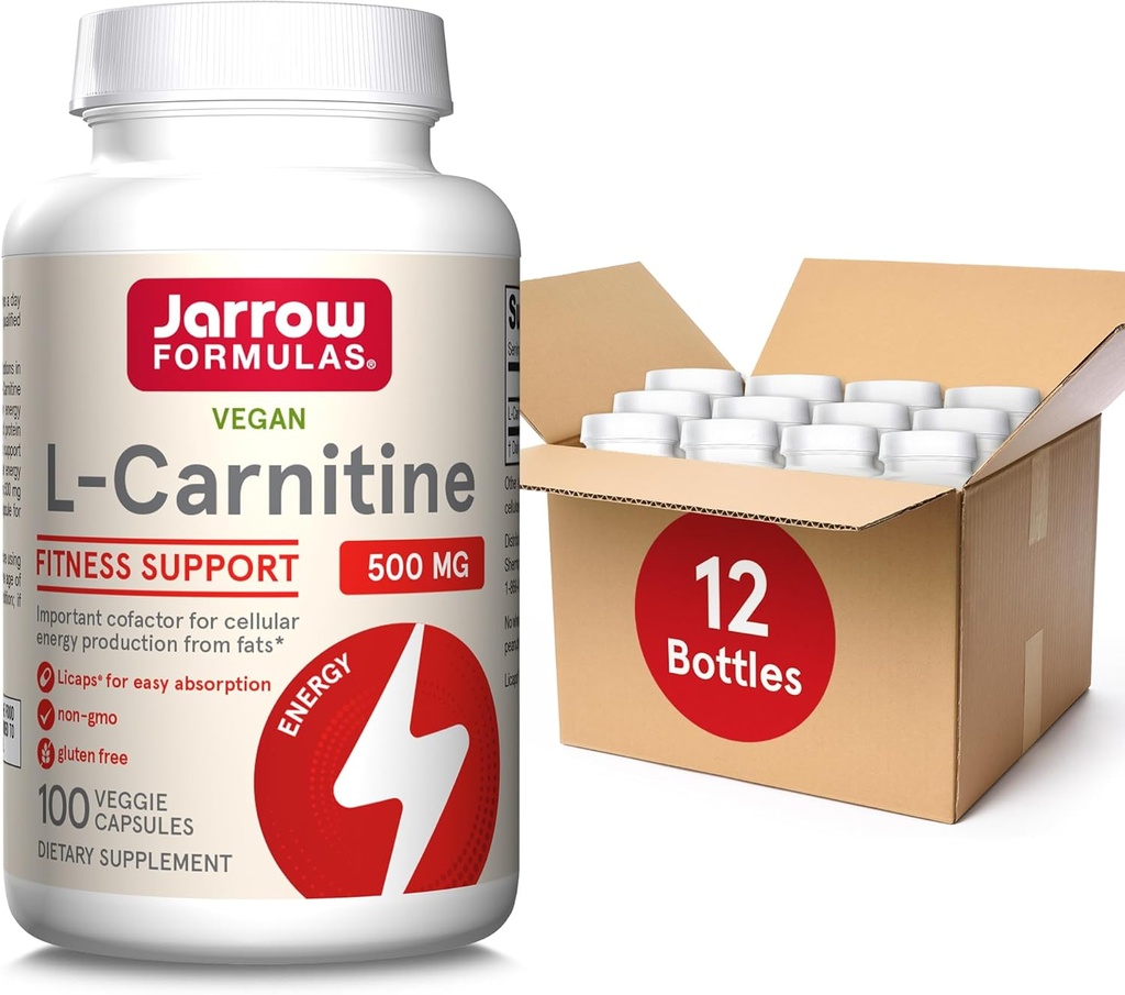 Jarrow Formulas L-Carnitina 500 mg - 100 Veggie Licaps - Cofactor important pentru producerea de energie (ATP) din grăsimi - Supliment alimentar - Vegan - Până la 100 Serviri, Pachet de 12