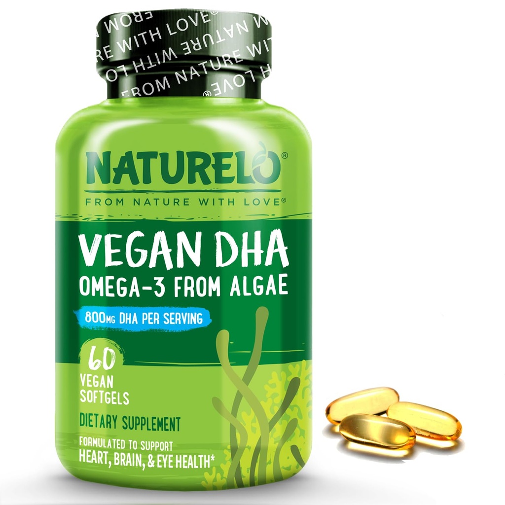 NATURO Vegan DHA - Omega 3 Ulei din Algae - Supliment pentru creier, inima, comun, sanatatea ochilor - Ofera acizi grasi esentiali pentru femei, barbati si copii - Complements Vitamine prenatale - 60 Softgels