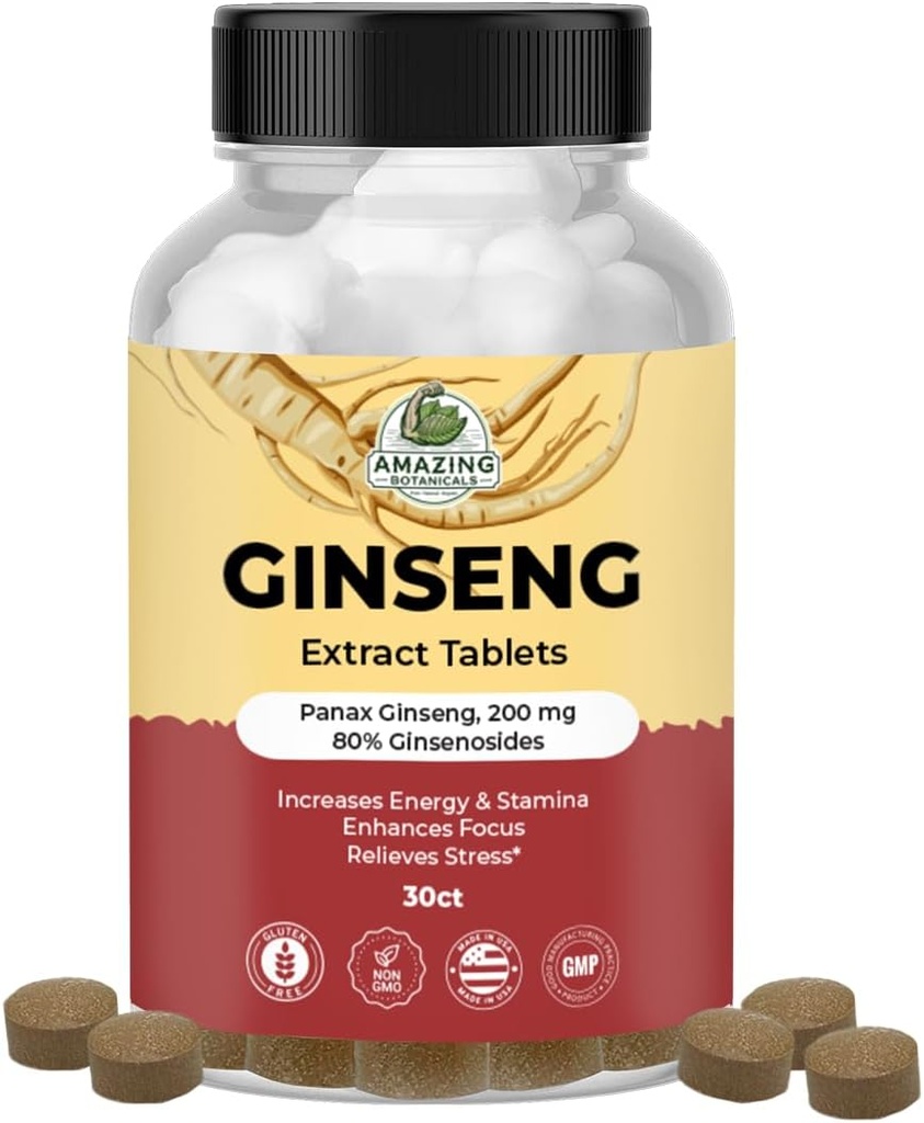 Uimitoare botanica Panax Ginseng tablete extract - 200 mg mare potent 80% ginsenozide pentru energie si relaxare - Supliment natural vegetal pentru Booster cognitiv - 30 comprimate