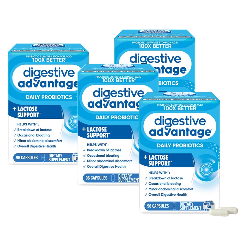 Avantaje digestive Lactoza Enzime de aparare + Probiotice pentru femei si barbati Ocazional Blooting, Dezafectarea lactozei, Disconfort abdominal minor, Suport Imun, 96 capsule conte (4 ambalaj)